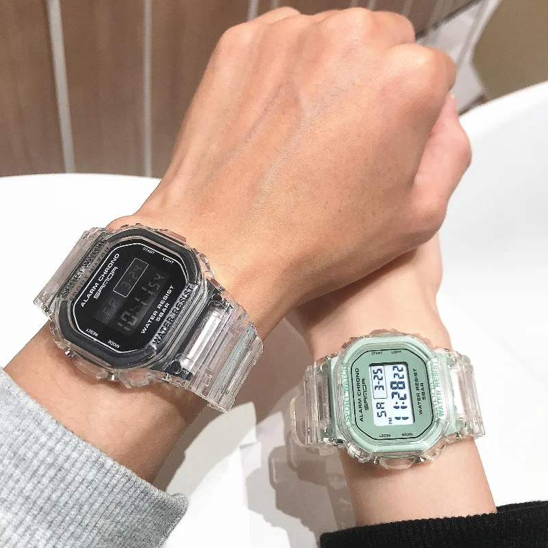 Montre de sport numérique transparente dorée pour hommes et femmes, montre-bracelet décontractée pour étudiants, cadeau pour amoureux, horloge pour