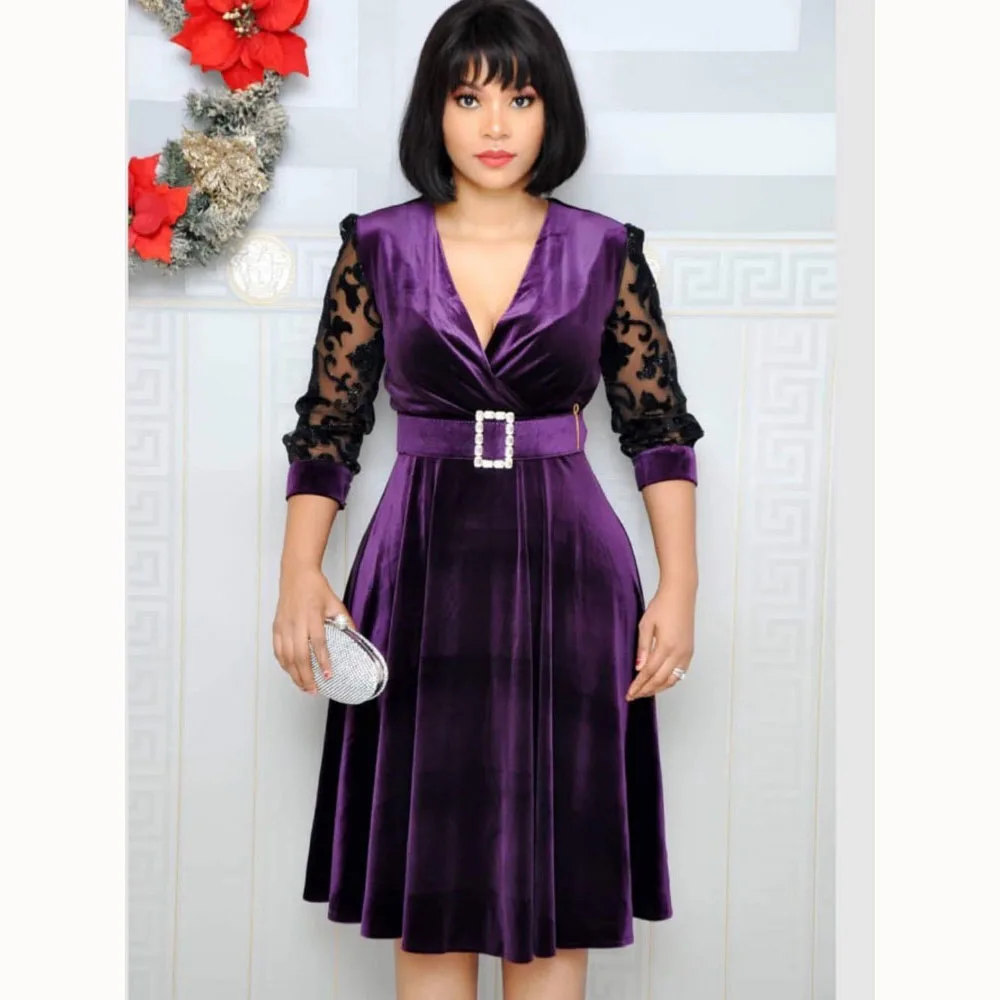 

African Dresses For Women 2020 Best Selling Velvet Commuter Style Lace Half Sleeve Elastic Waist Short Dress With Belt Elegant