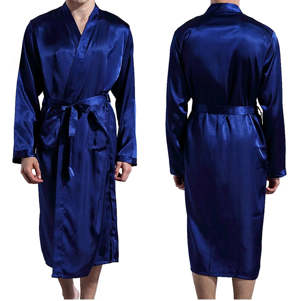 Men Classic Robes Twill Home Clothes Long Robes Pocket Imitation Silk Bathrobe Summer Autumn Sleep Lounge