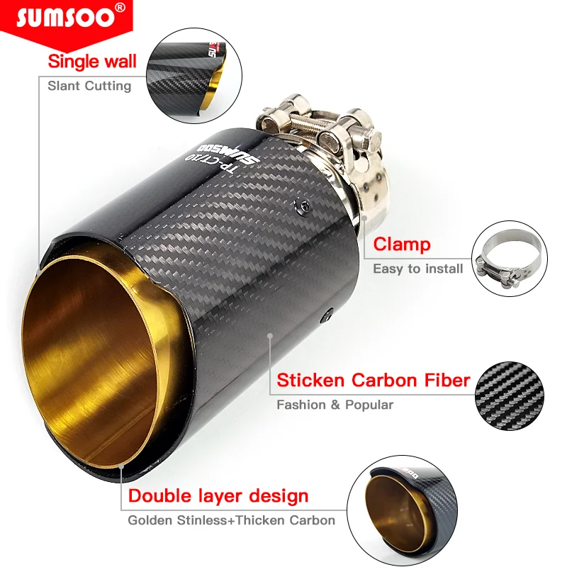 genuine SUMSOO 1 piece   New hot sale golden stainless steel  Exhaust Muffler End Pipe For Universal Carbon cola de escape