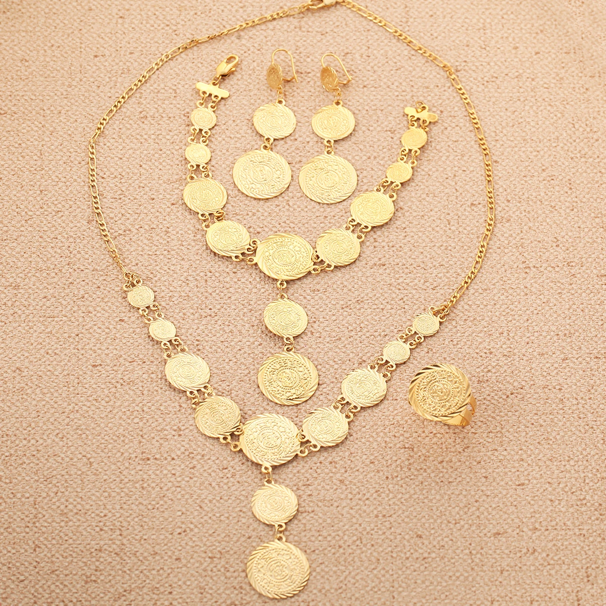 Coin Bracelet Necklace Earrings Women Islam Muslim Arab Coin Money Gold Color Jewelry Sets