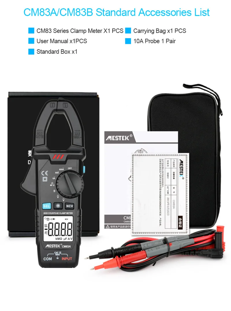 MESTEK CM83D Digital Clamp Meter True RMS DC AC Voltage Pliers Ammeter  Ampere NCV Ohm Tester Multimeter Electrician Tool