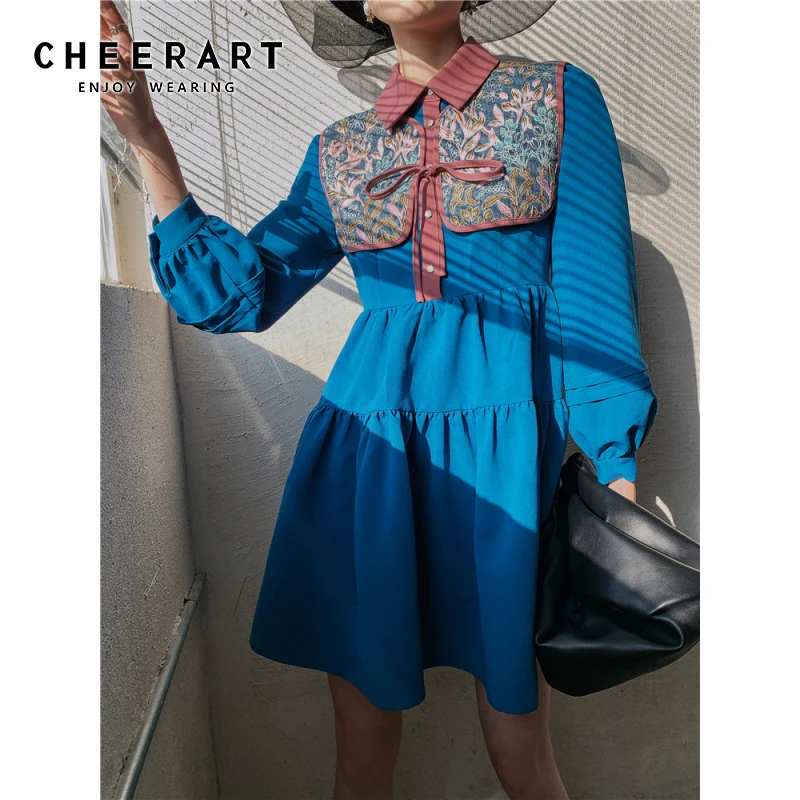 CHEERART-Mini vestido azul vintage feminino, manga lanterna, colarinho, linha A, vestido feminino, manga comprida, roupas de grife, moda 2021