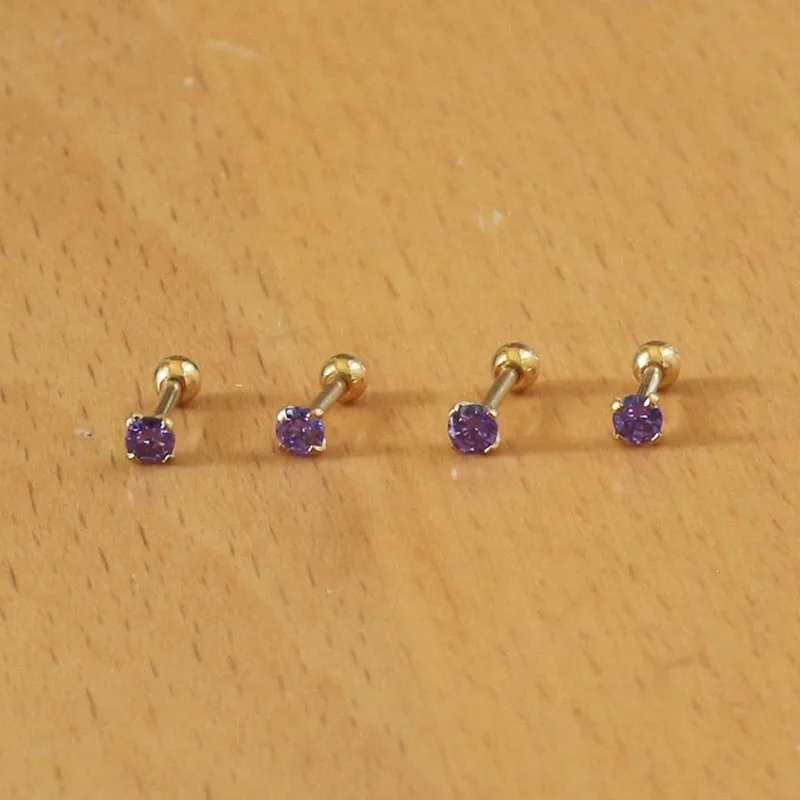 Titanium Gold-color Plated Screw Stud Earrings With Mini 3mm Purple  AAA Zircon 316L Stainless Steel No Fade Allergy