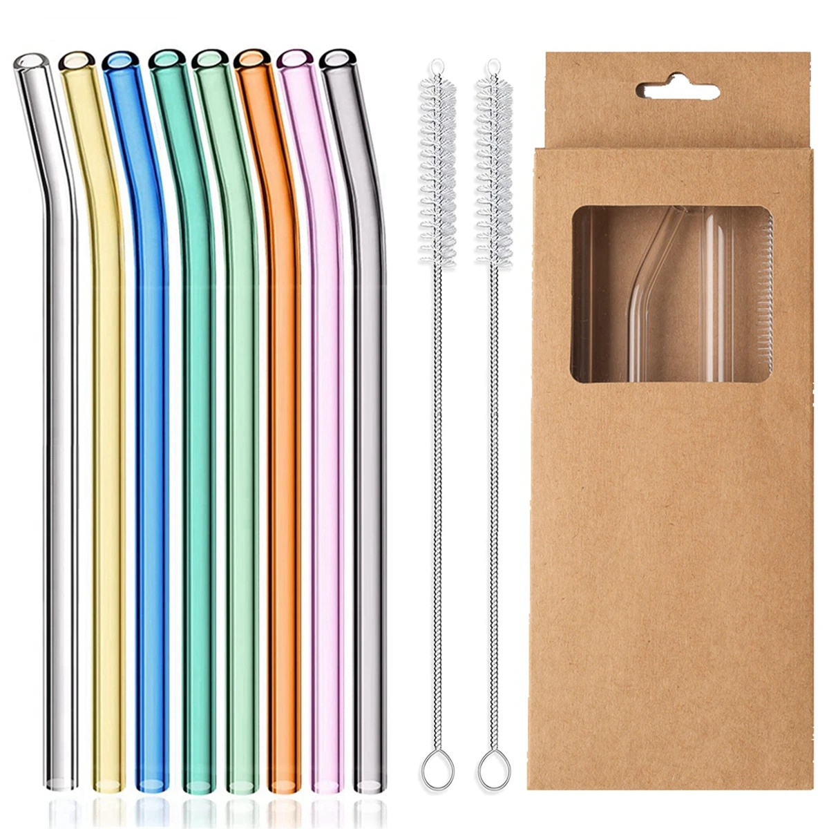 8 Colors Reusable Glass Straws 8mm Straight Bent Glass Drinking Straws Eco Friendly Glass Straws for Beverages Milk Cocktail