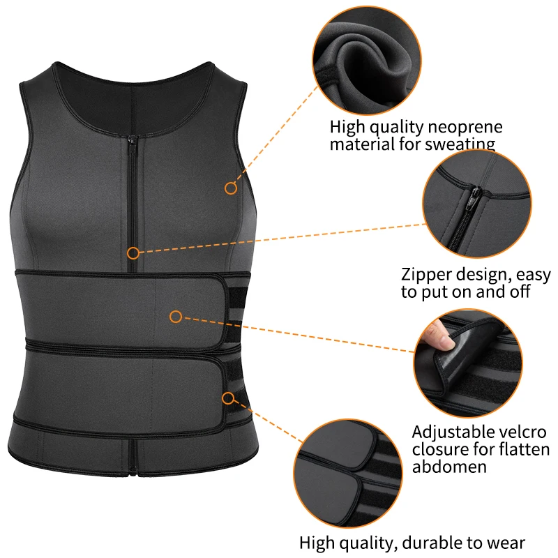 Neoprene Sweat Vest for Men Waist Trainer Vest Adjustable Workout Body Shaper with Double Zipper for Sauna Suit for Men