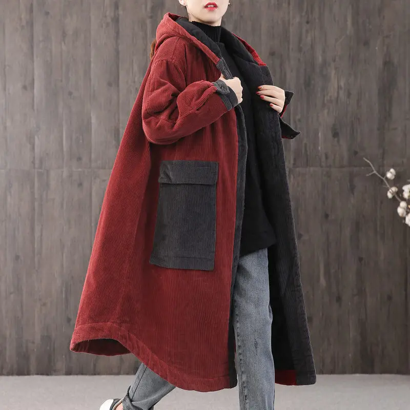 Women's Corduroy Hooded Padded Coat Big Pocket Thick Loose Large Size Long Cloak Parka Autumn Winter Cotton Jacket Y950