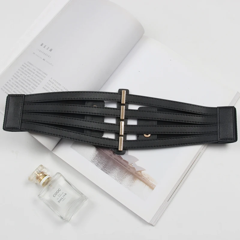 Women\'s Runway Fashion Elastic Hollow Out PU Leather Cummerbunds Female Dress Corsets Waistband Belts Decoration Wide Belt R740