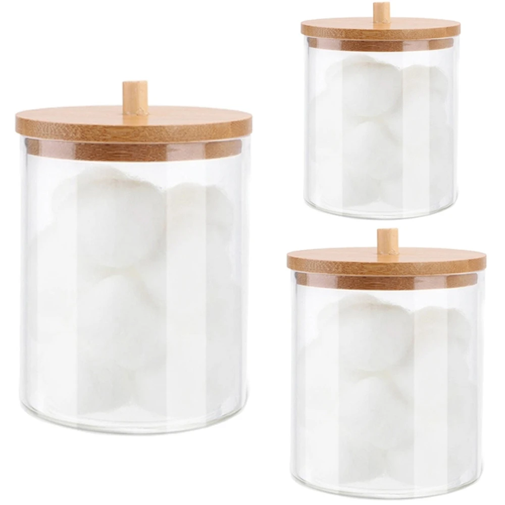 Acrylic Qtips Holder Dispenser Bathroom Jars with Bamboo Lids, Cotton Ball Pad Round Swab Holder for Bathroom Accessories Storag