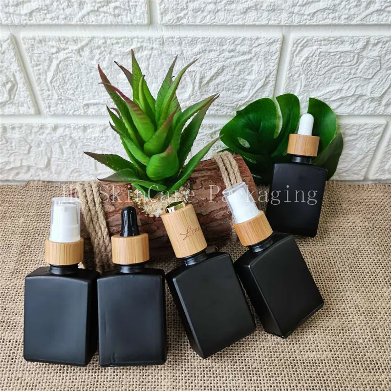 

100pcs bamboo cap frosted glass bottle dropper eco-friendly wooden lid essential basic massage oil pipette refillable container