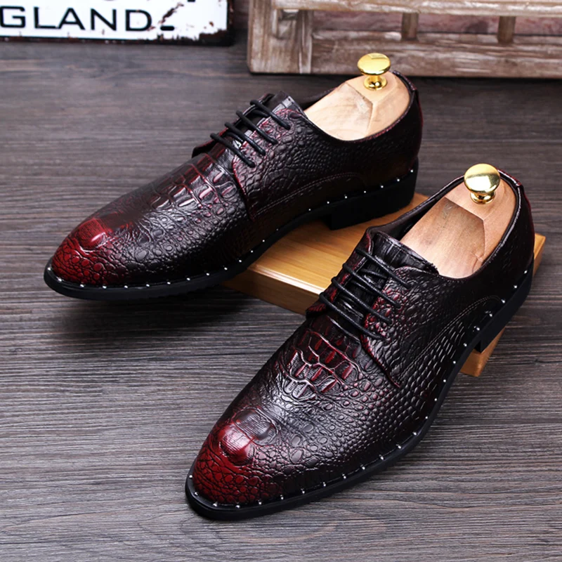 mens fashion wedding party dress original leather shoes alligator grain lace-up derby shoe young gentleman breathable footwear