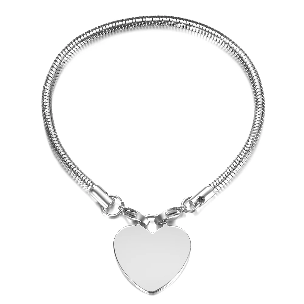 Personalized Customized Name Date Text Engraved Bracelet Stainless Steel Heart  Charms Bangle Jewelry Gift for Women Lovers