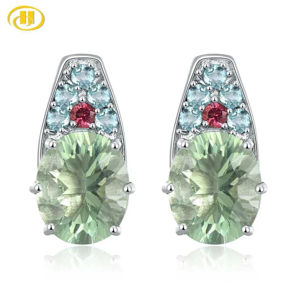 Hutang Green Fluorite 925  Silver Stud Earrings Real Gems Tourmaline Apatite Solid 925 Sterling Silver Fine Elegant Jewelry