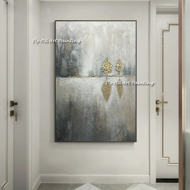 Abstract Golden Foil Leaf Painting Large Size 100% Handmade Oil Painting Plants Grey Wall Art Pic for Living Room Nordic Wall