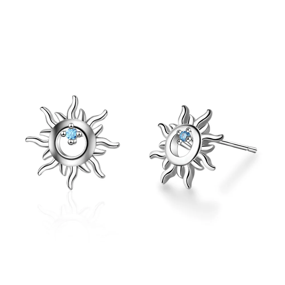 925 Sterling Silver Blue Crystal Zirconia Hollow Sun Stud Earrings for Women Cute Sun Gold Silver color Fashion Party Jewelry