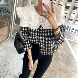 2022Autumn  Spring Peter Pan Collar Fake Two Pieces Bird Lattice Jacket Women Short Black White Single-breasted Retro Tweed Coat