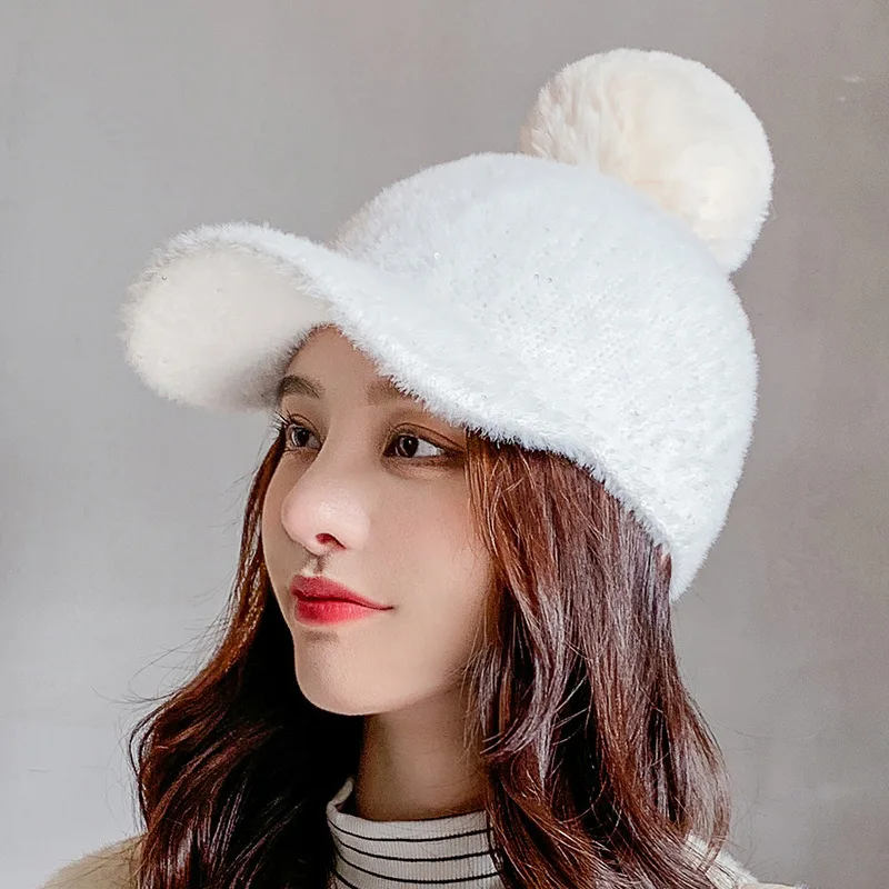 New Fashion Lady Mohair Winter Hat Women Pompom Casual Knit Beanie Warm Berets women's Baseball Cap Wool Visor Bonnet Soft