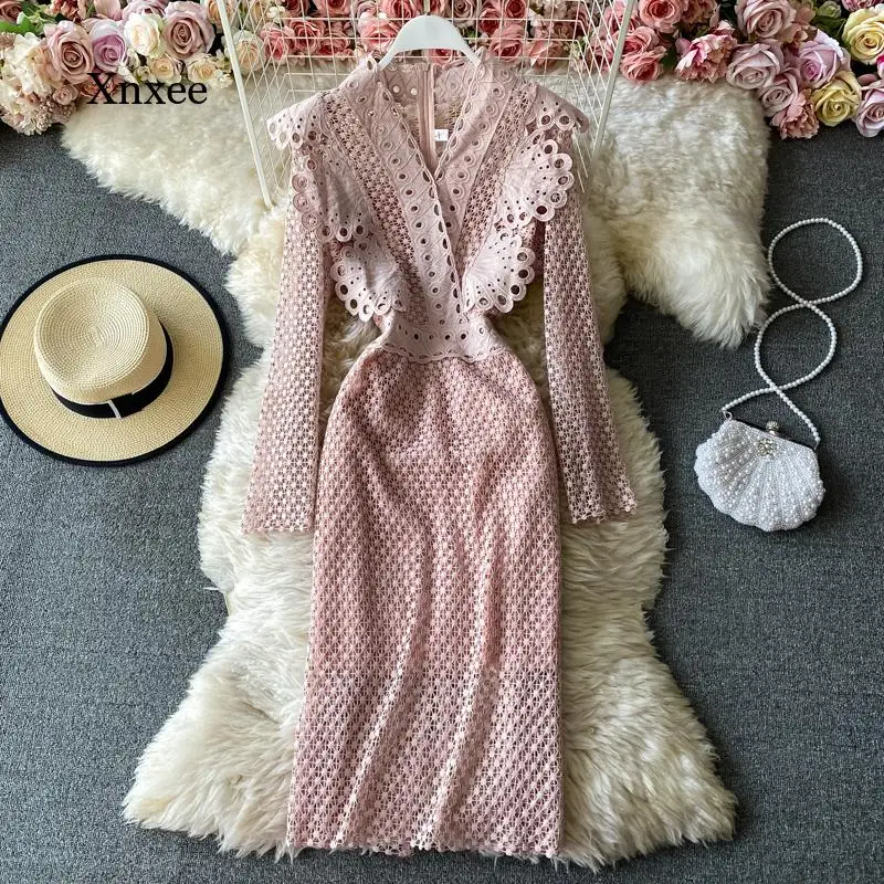 

Spring Autumn Lace Midi Dress Fashion Designer Women's Long Sleeve Bodycon Ruffles Elegant Party Slim Hollow Pencil Dresses