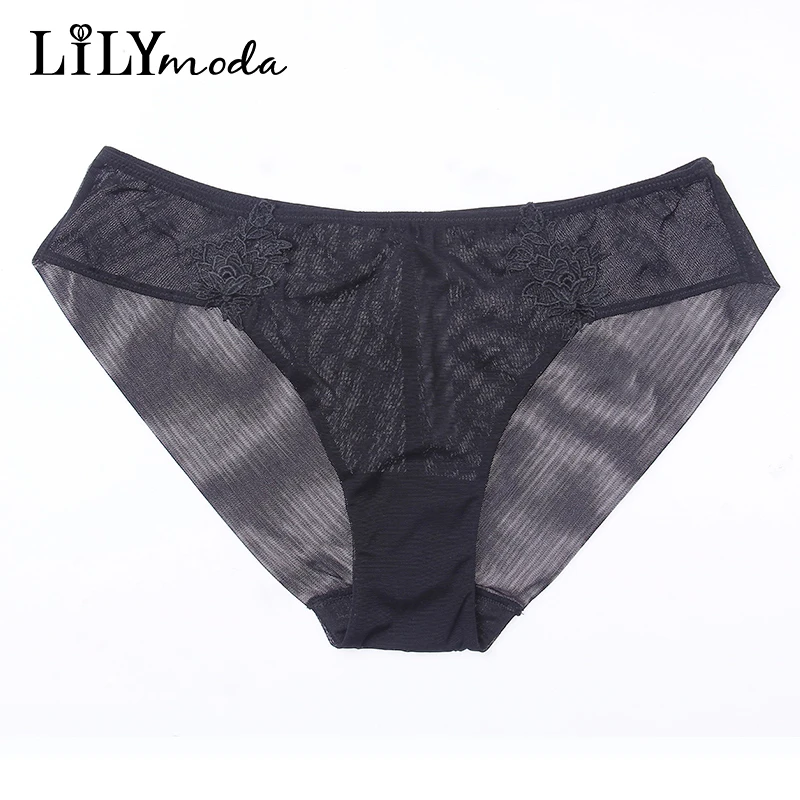 Women Transparent Panties Floral Embroidery Breathable Mesh Seamless Briefs Sexy Ladies Lingerie Soft Underwear Black Blue Pink