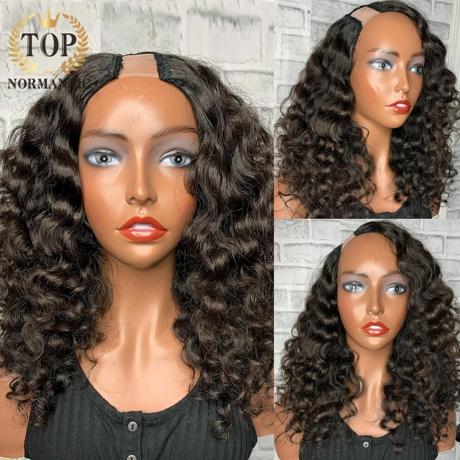 

Topnormantic U Part Deep Curly Human Hair Wig Indian Natural 1B Color Remy Human Hair Glueless Wig Deep Wave Wig For Black Women