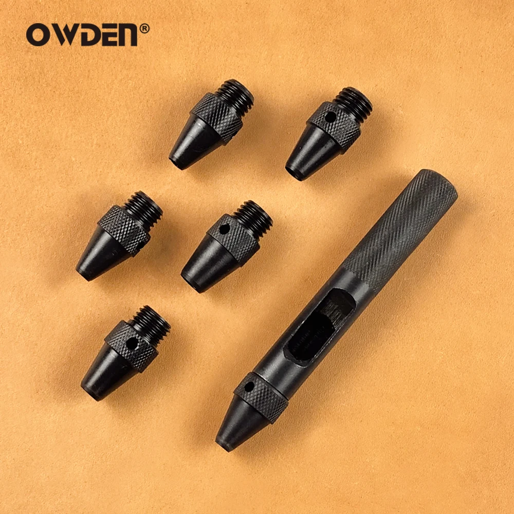 OWDEN 6 in 1 Replaceable Leather Hole Punch Set 4.8/5.0/5.5/6.4/6.8/7.8mm Belt Puncher Round Punching Leather Tools for Punching