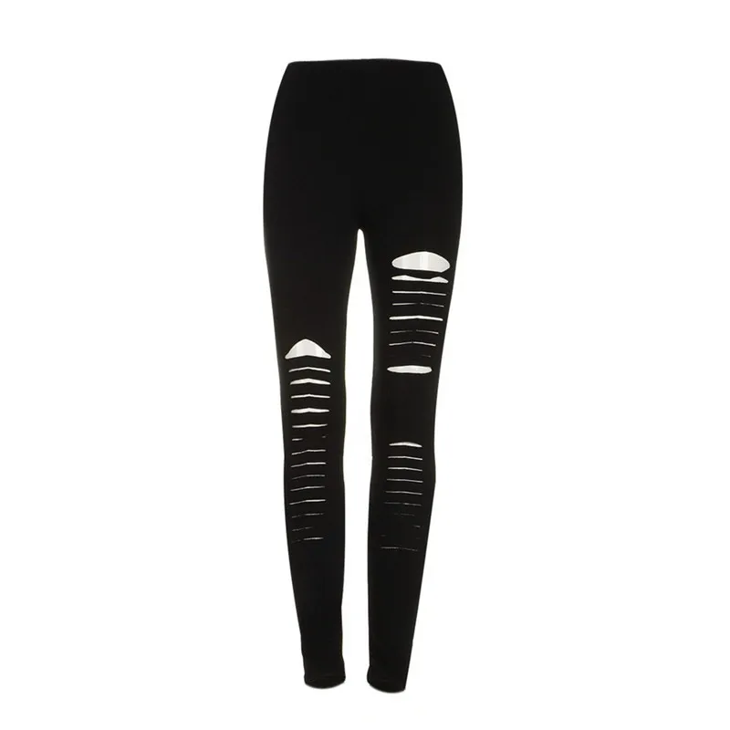 Black Punk Ripped Torn Slashed Cut Striped Leggings Pants Gothic Club Asymmetric Hole Elastic Skinny Pencil Pants For Women Girl