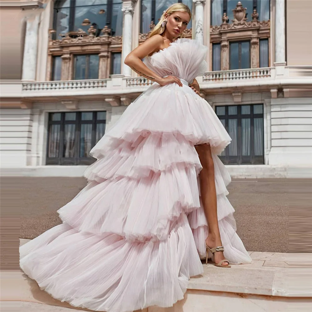 High End Pearl Pink Ruffles Lush Tulle High Low Prom Gowns 2020 Puffy Tutu Tiered Long Women Formal Party Dresses