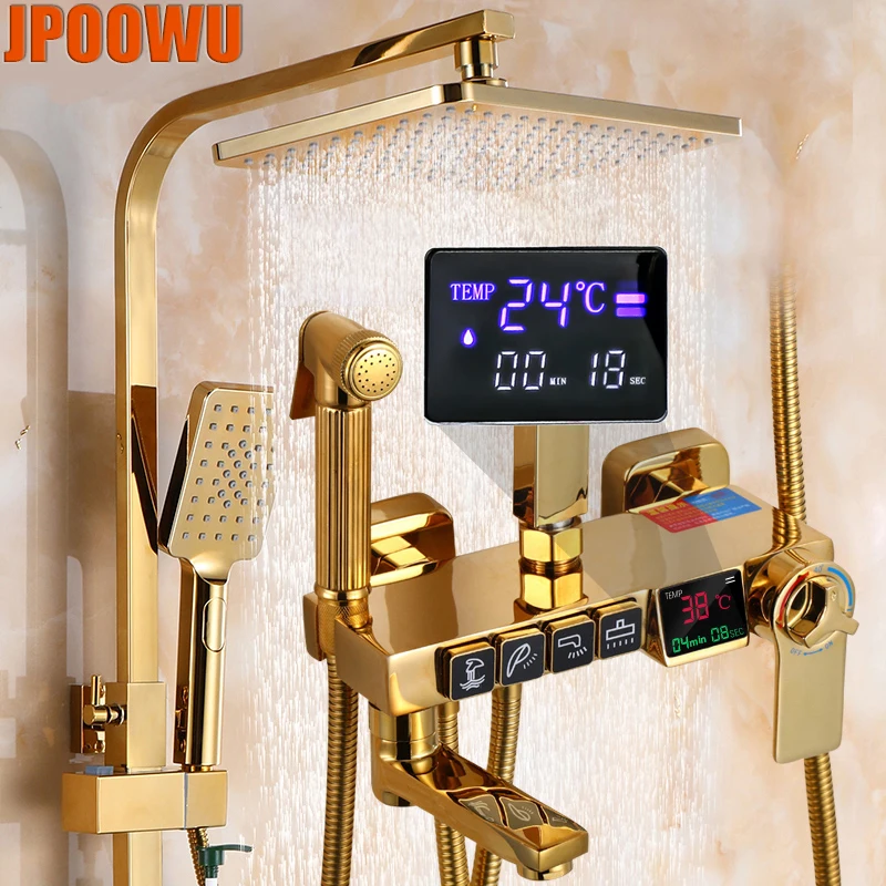 

Золотая цифровая душевая система, набор для ванной комнаты, термостатический смеситель для горячей и холодной воды, смеситель для ванны, настенное крепление, SPA, осадки, Grifo, ванна, душ