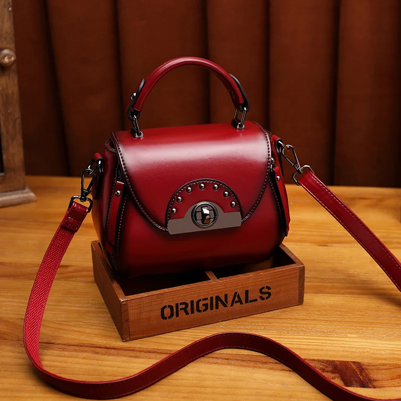 European Style Retro Crossbody Bags For Women Hard Genuine Leather Solid Color Rivets Shoulder Bag Female Fashion Casual Handbag