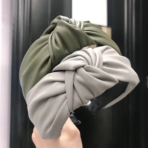 Imagen 2 del producto Diadema anudada de imitación de cuero PU de estilo europeo y americano, diadema de ala ancha trenzada a la moda