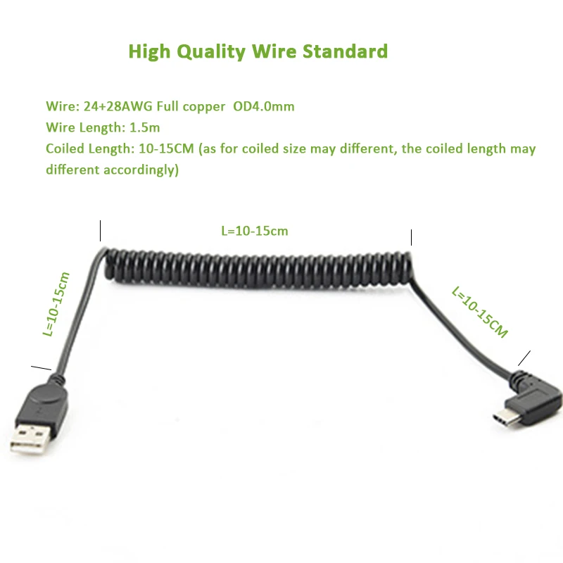 Lingable Right Angle 90 Degree USB 2.0 A Male to Type Coiled USB C Cable 1.5M USB-C Adapter Cabo  Portable USB Connector