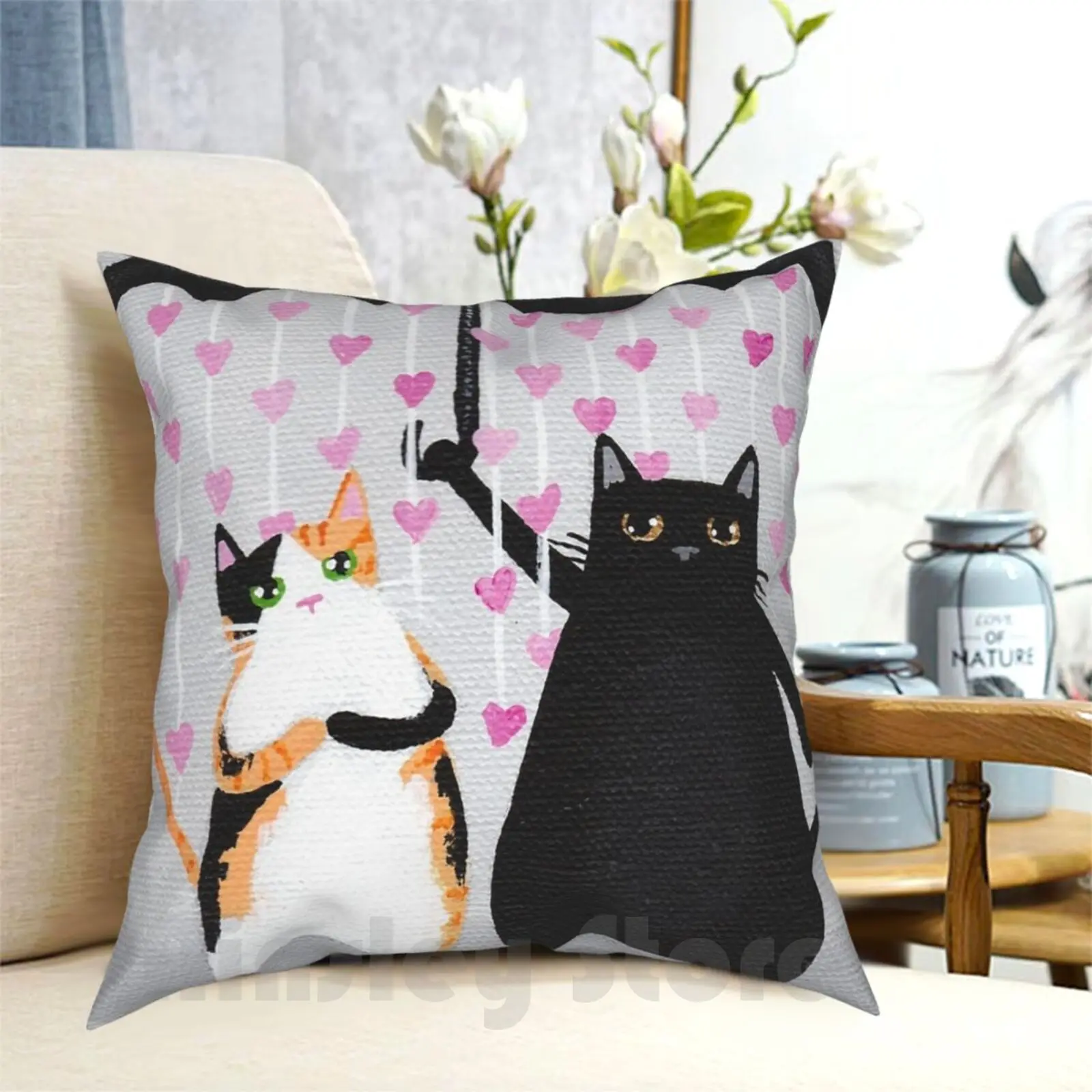 

Love Rains Down Cats Pillow Case Printed Home Soft DIY Pillow Cover Original Cat Folk Art Love Cats Hearts Raining Hearts