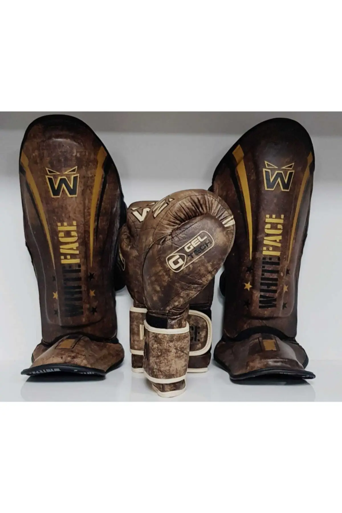 Vintage Echtem Leder Boxing handschuhe Und Shin Set 12 selbst