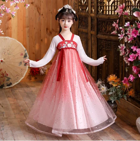 

Ancient Chinese Traditional Costume Hanfu Children Summer New Cute Loose Embroidery Girl Fairy Dresses Party Stage Dress