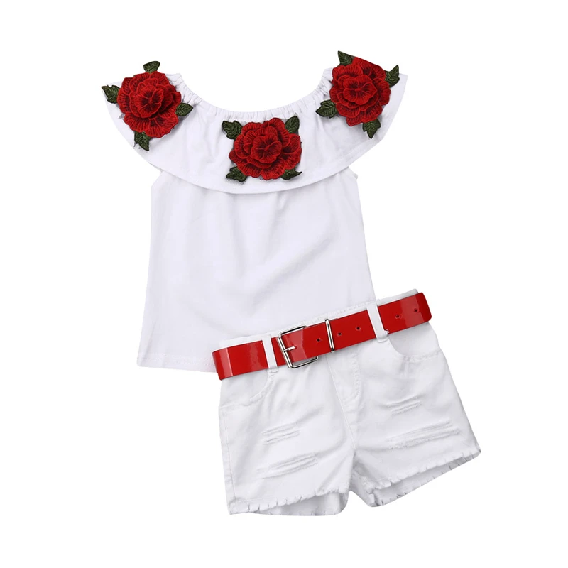 Kids Clothes Girls Rose Flower Off Shoulder Tops+Denim Shorts Baby Girl Summer Outfits Toddler  2PCS Clothes