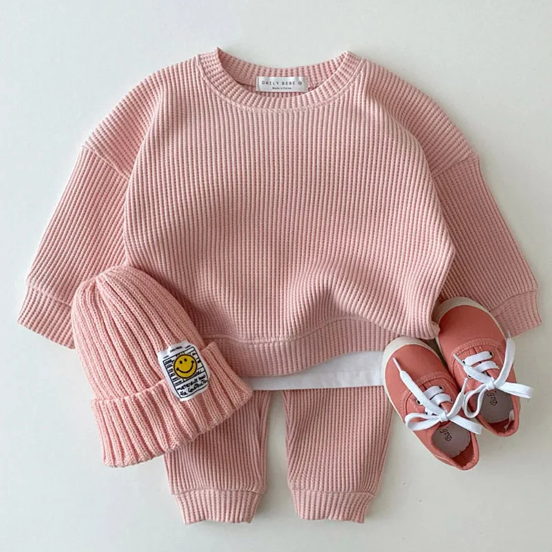 Korean Baby Cotton Kintting Clothing Sets Kids Boys Girls Spring Autumn Loose Tracksuit Pullovers Tops+Pants 2PCS Sets Clothes