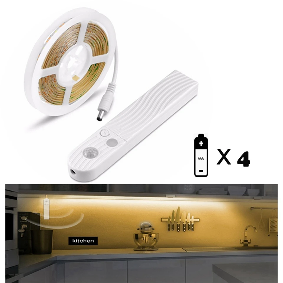 

LED Motion Sensor Under Cabinet Strip Light Battery Operated Closet Night Light Bar Flexible Wardrobe Lamp For Kitchen Bedroom