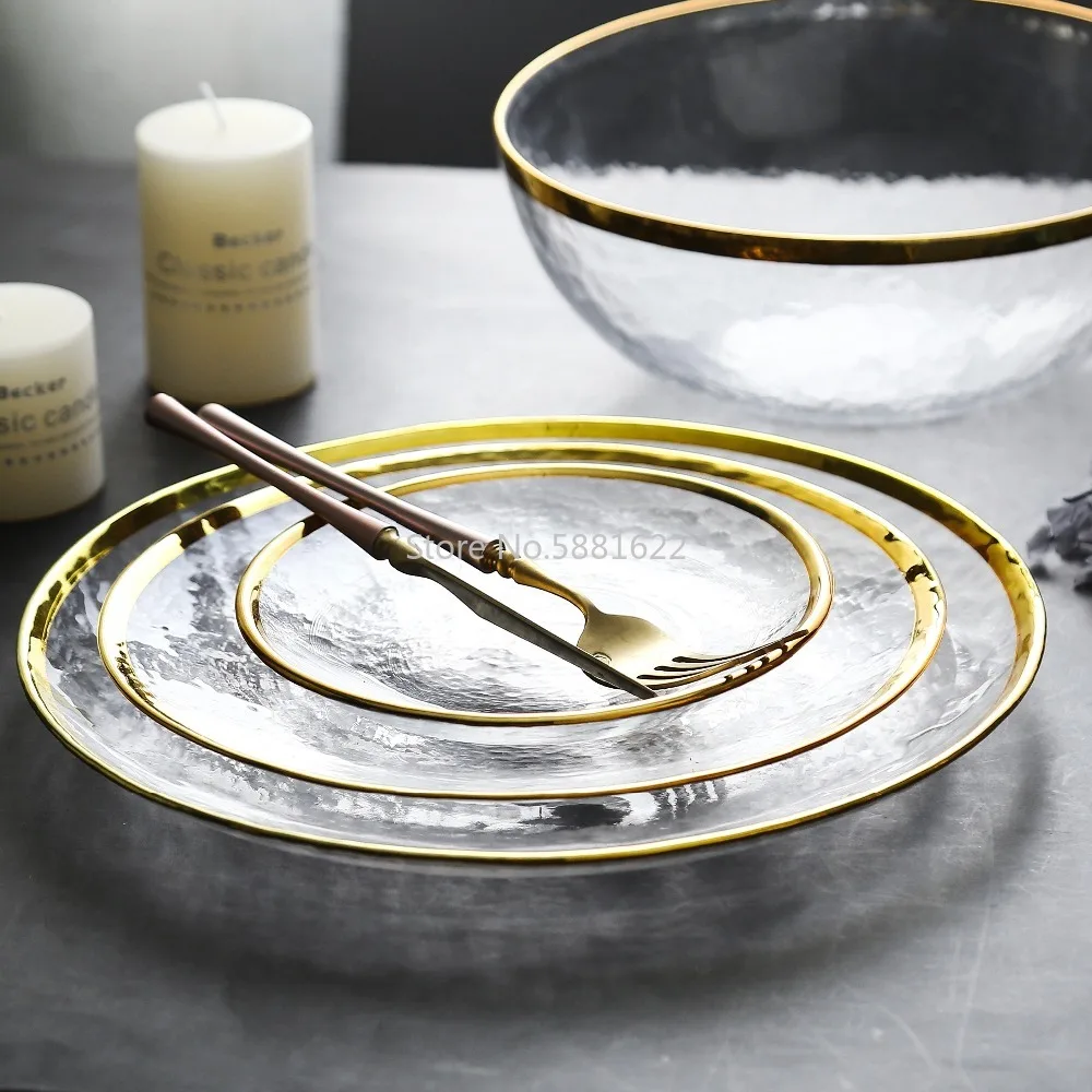 Clear Glass Gold Stroke Tableware Charger Plate Transparent Glass Dinner Cake Food Dessert Plate Bowl Set Table