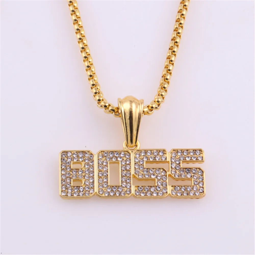 Punk Crystal Letter Boss Pendant  Gold Color Long Cuban Chain Necklace Hip Hop Choker Jewelry for Men Women