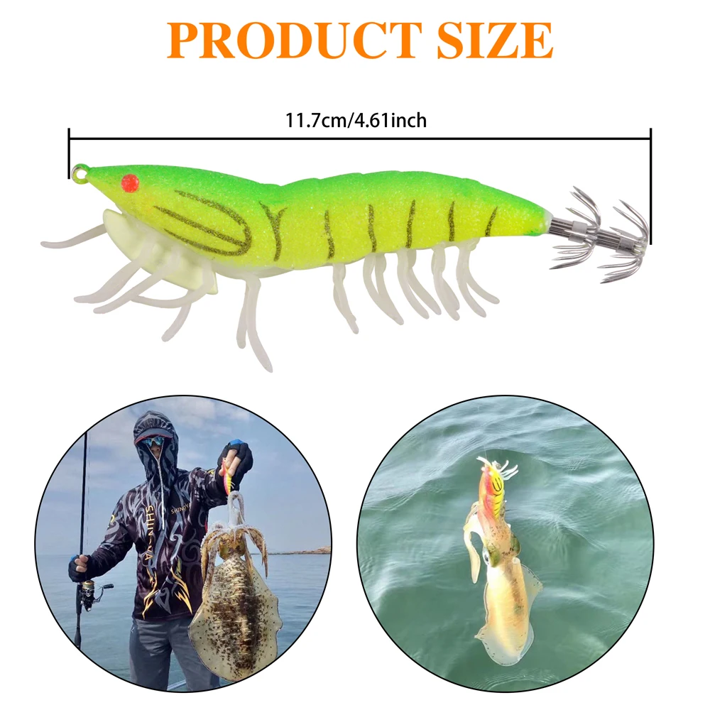 8Pcs/Bag Luminous Jigs Lure 11.7cm Fishing Lure Shrimp Bait Squid Hook Jigs Octopus Cuttlefish Shrimp Artificial Baits