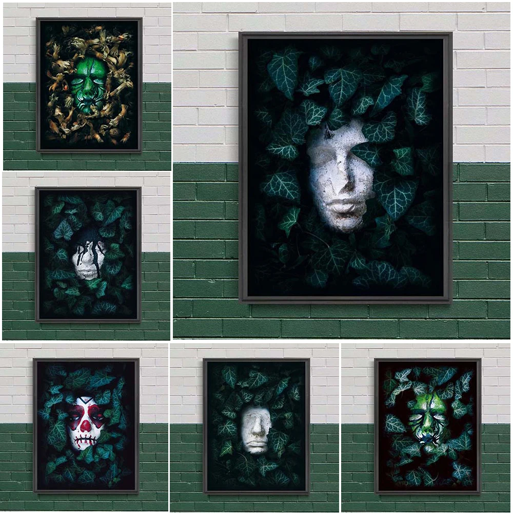 Stone Head Sculpture In Leaves Wall Art Canvas Painting Abstract Moden Poster And Prints For Living Room Decoration Unframed