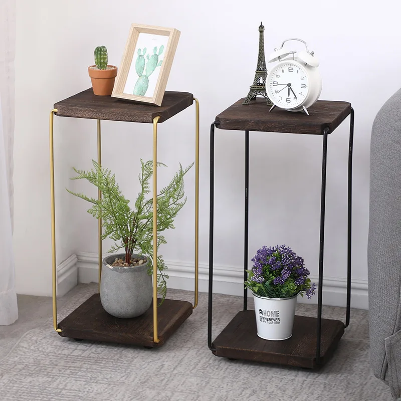 Iron flower rack wooden shelf balcony simple floor type plant rack double-layer Storage Rack