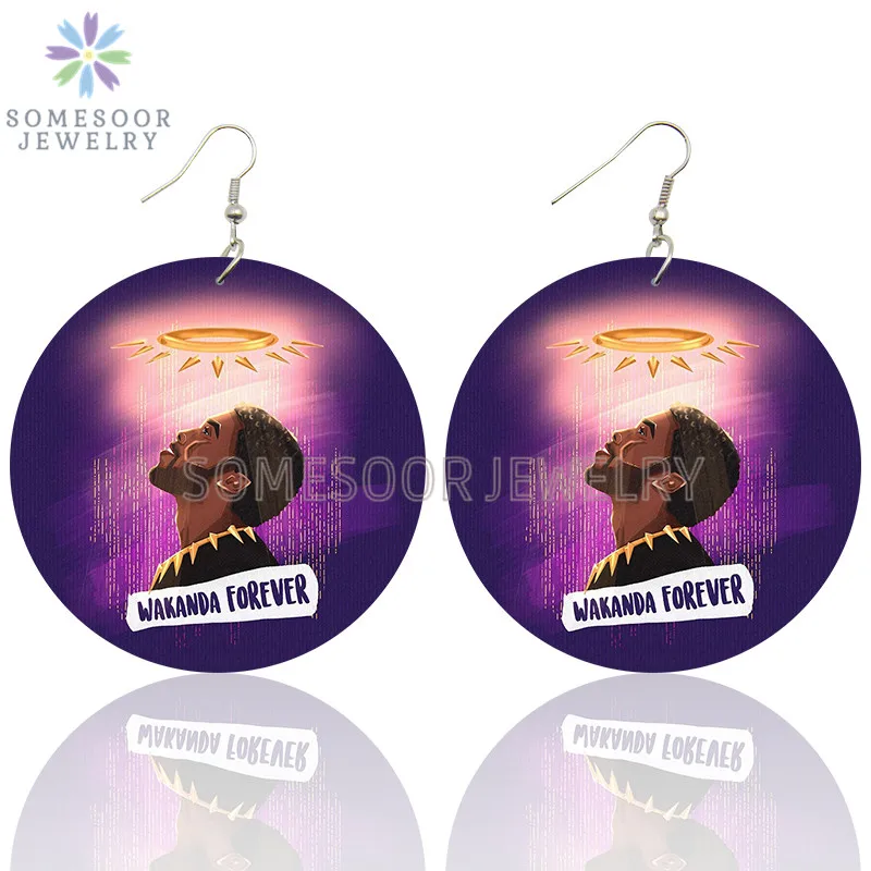 SOMESOOR WAKANDA Forever Chadwick Boseman Wooden Drop Earrings Black King African Inspire Design Printed Loops For Women Gifts