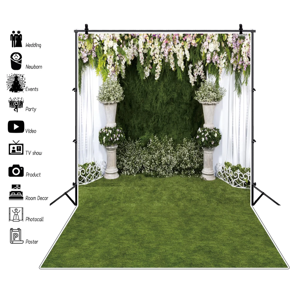 Laeacco Wedding Background Curtain Flower Green Grassland Vinyl Backdrop Photography Background For Photo Studio Photophone