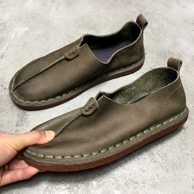 Summer Mens Breathable Genuine Leather Loafers Slip On Vitnage Casual Driving Shoes Flats Male Shallow Soft Leather Lazy Shoes