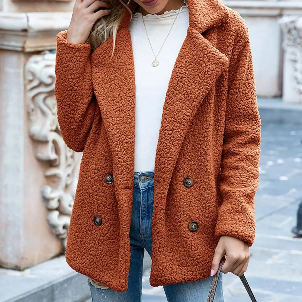 Women Autumn Winter Coat Faux Fleece Long Sleeve Buttons Lapel Coat Open Front Warm Jacket Casual Oversized Warm Streetwear