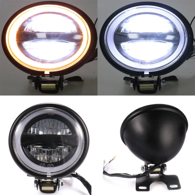 DC 12V Motorcycle LED Front Light Scooter Retro Black Headlight Moto Angel Eyes Headlamp Motorbike Vintage Head Light Spotlight