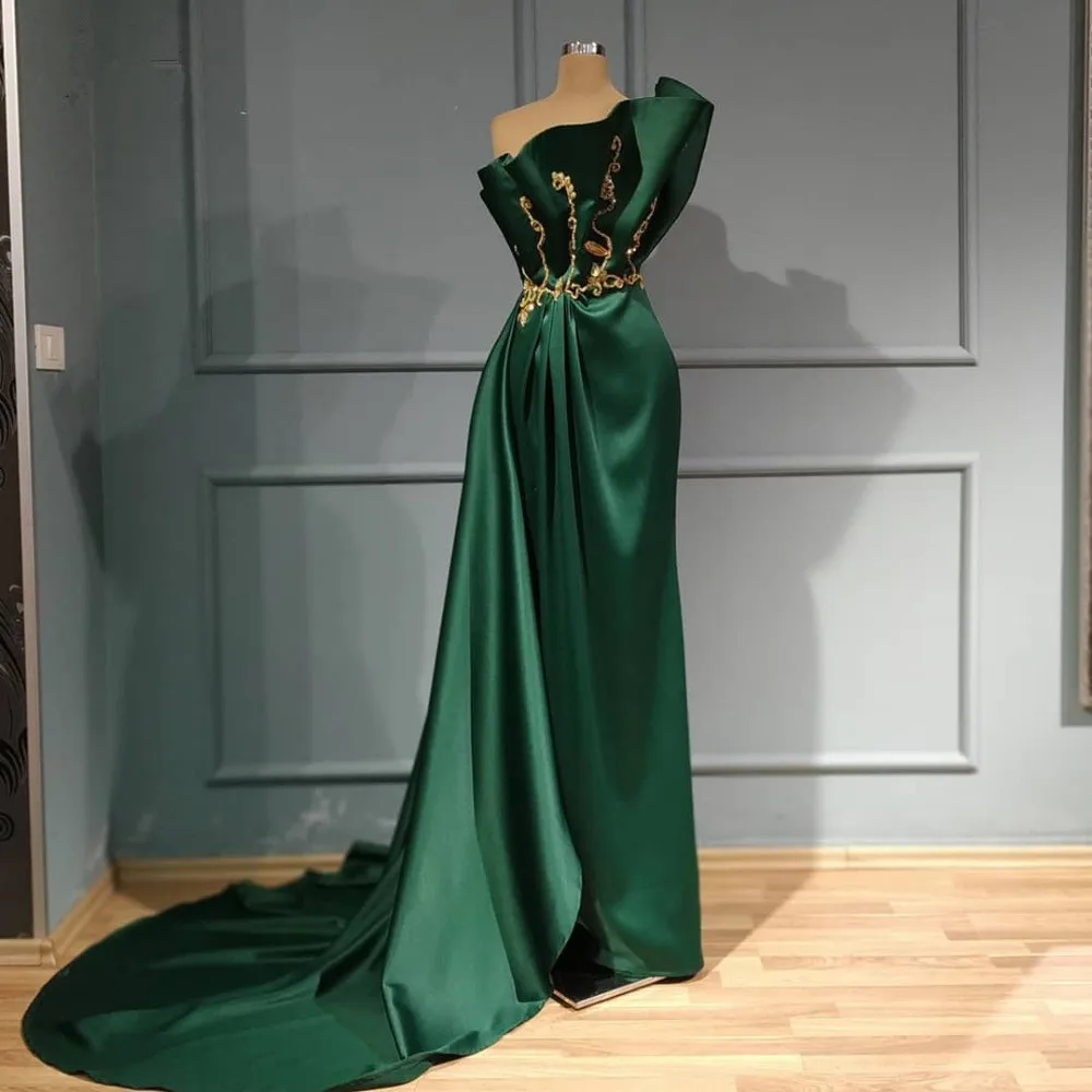 Demure – robe longue de soirée en Satin vert émeraude, tenue de bal de standing, à volants, avec des Appliques en or, Image réelle