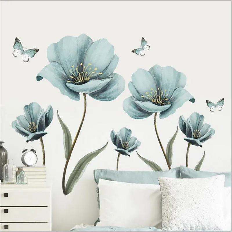 Blue Painted Flower Wall Stickers For Bedroom DIY Home Decals On The Wall Beautification Decorative Horse Self-Adhesive Interior