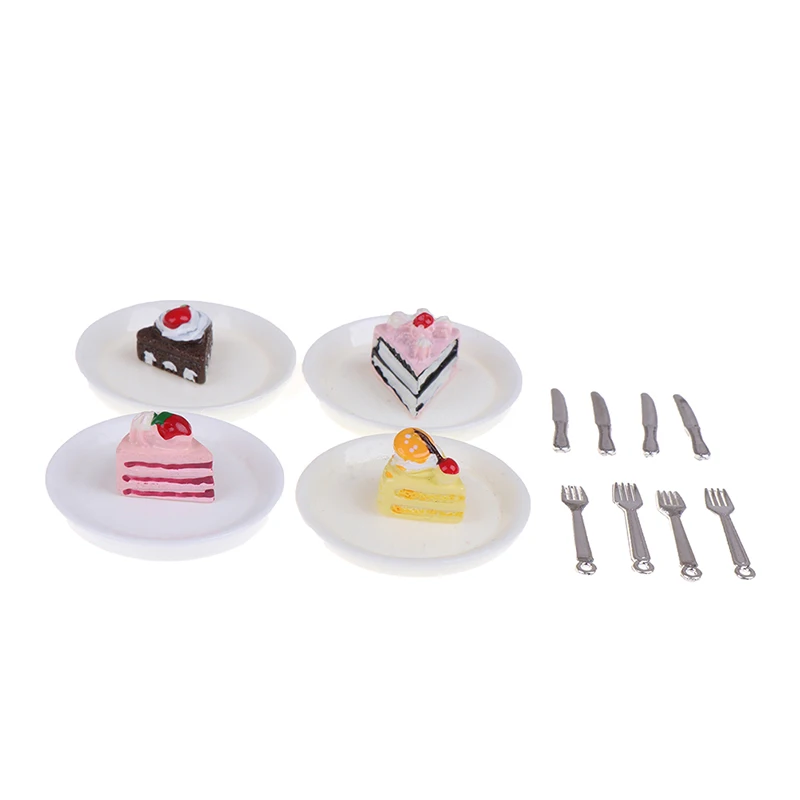 4Pcs 1/12 1/6 Dollhouse Miniature Cakes Plate Knife Fork Dolls House Accessories Simulation Kitchen Toys